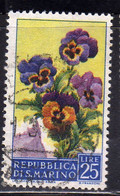 SAN MARINO 1957 FLORA FIORI II 2 EMISSIONE VIOLE FIORE FLOWERS  FLOWER 2TH ISSUE LIRE 25 USATO USED OBLITERE' - Usati