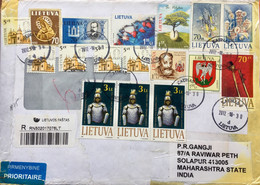 LITHUANIA 2012, REGISTERED AIRMAIL COVER TO INDIA,17 STAMPS USED !! NATURE ,TREE,FLYING WORRIER ,ARCHITECTURE,BUILDING - Briefe U. Dokumente