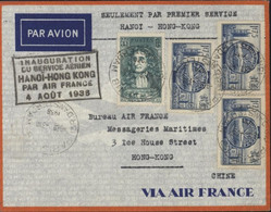 Par Avion / Seulement Par 1er Service Hanoi Hong Kong / Inauguration Service Aérien Hanoï Hong Kong Air France 4 8 1938 - 1960-.... Covers & Documents
