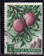 REPUBBLICA DI SAN MARINO 1958 FRUTTA E PRODOTTI AGRICOLI PESCHE LIRE 4 USATO USED OBLITERE' - Usati