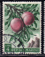 REPUBBLICA DI SAN MARINO 1958 FRUTTA E PRODOTTI AGRICOLI PESCHE LIRE 4 USATO USED OBLITERE' - Usati