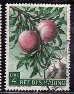 REPUBBLICA DI SAN MARINO 1958 FRUTTA E PRODOTTI AGRICOLI PESCHE LIRE 4 USATO USED OBLITERE' - Usati