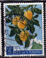 REPUBBLICA DI SAN MARINO 1958 FRUTTA E PRODOTTI AGRICOLI PRUGNE LIRE 5  USATO USED OBLITERE' - Usati