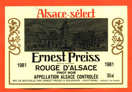 Etiquette Ancienne Neuve De Vin D'alsace Select Rouge D'alsace Pinot Noir 1981 Ernest Preiss à Riquewihr - Gewürztraminer