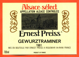 Etiquette Ancienne Neuve De Vin D'alsace Select Gewurztraminer 1981 Ernest Preiss à Riquewihr - 70 Cl - Gewürztraminer