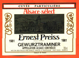 Etiquette Ancienne Neuve De Vin D'alsace Select Gewurztraminer 1981 Cuvée Particulière Ernest Preiss à Riquewihr - 70 Cl - Gewurztraminer