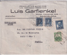 1937 - ESPAGNE - ENVELOPPE RECOMMANDEE ILLUSTREE (CHIMIE) De BARCELONA => PARIS - Storia Postale