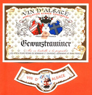 Etiquette + Collerette Ancienne Neuve De Vin D'alsace Gewurztraminer Viticulteurs De Bennwihr - 70 Cl - Cigogne - Gewürztraminer