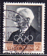 REPUBBLICA DI SAN MARINO 1959 PREOLIMPICA DE COUBERTIN LIRE 2 USATO USED OBLITERE' - Usati