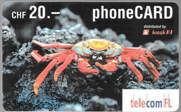 CARTE-PREPAYEE-CH-20CHF-TELECOM FL-CRABE-Exp 10/2003-Plastic Epais Glacé-GRATTE- TBE - Poissons