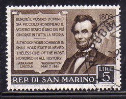 REPUBBLICA DI SAN MARINO 1959 ABRAMO LINCOLN LIRE 5 USATO USED OBLITERE' - Usati