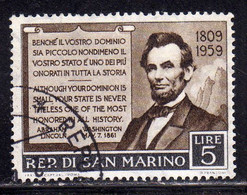 REPUBBLICA DI SAN MARINO 1959 ABRAMO LINCOLN LIRE 5 USATO USED OBLITERE' - Usati