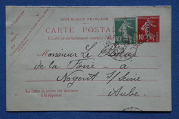 AR9 FRANCE   BELLE CARTE  1910    POUR NOGENT AUBE  +SEMEUSE  + AFFRANCH. INTERESSANT - 1906-38 Semeuse Con Cameo
