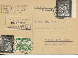 Pologne BYDGOSZCZ Affranchissement Pour Wiesbaden Verso Vignette Errinophilie Oct 1937 - Covers & Documents