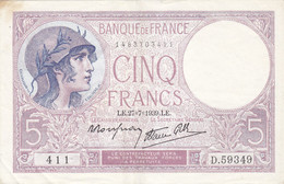 Billet 5 F Violet Du 27-7-1939 FAY 04.03 Alph. D.59349 - SANS épinglage - 5 F 1917-1940 ''Violet''