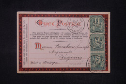 FRANCE - Carte Précurseur Commerciale Privée De Paris Pour Périgueux En 1877 Avec Sage 5ct En Bande De 3 - L 116597 - Vorläufer