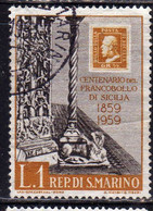 REPUBBLICA DI SAN MARINO 1959 CENTENARIO PRIMI FRANCOBOLLI SICILIA FIRST STAMPS SICILY LIRE 1 USATO USED OBLITERE' - Usati
