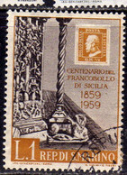 REPUBBLICA DI SAN MARINO 1959 CENTENARIO PRIMI FRANCOBOLLI SICILIA FIRST STAMPS SICILY LIRE 1 USATO USED OBLITERE' - Usati