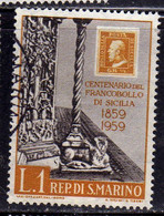 REPUBBLICA DI SAN MARINO 1959 CENTENARIO PRIMI FRANCOBOLLI SICILIA FIRST STAMPS SICILY LIRE 1 USATO USED OBLITERE' - Usati