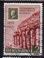 REPUBBLICA DI SAN MARINO 1959 CENTENARIO PRIMI FRANCOBOLLI SICILIA FIRST STAMPS SICILY LIRE 2 USATO USED OBLITERE' - Usati