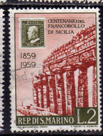 REPUBBLICA DI SAN MARINO 1959 CENTENARIO PRIMI FRANCOBOLLI SICILIA FIRST STAMPS SICILY LIRE 2 USATO USED OBLITERE' - Usati