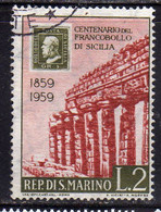 REPUBBLICA DI SAN MARINO 1959 CENTENARIO PRIMI FRANCOBOLLI SICILIA FIRST STAMPS SICILY LIRE 2 USATO USED OBLITERE' - Usati