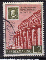 REPUBBLICA DI SAN MARINO 1959 CENTENARIO PRIMI FRANCOBOLLI SICILIA FIRST STAMPS SICILY LIRE 2 USATO USED OBLITERE' - Usati