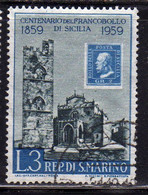 REPUBBLICA DI SAN MARINO 1959 CENTENARIO PRIMI FRANCOBOLLI SICILIA FIRST STAMPS SICILY LIRE 3 USATO USED OBLITERE' - Usati