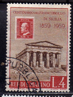 REPUBBLICA DI SAN MARINO 1959 CENTENARIO PRIMI FRANCOBOLLI SICILIA FIRST STAMPS SICILY LIRE 4 USATO USED OBLITERE' - Usati