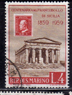 REPUBBLICA DI SAN MARINO 1959 CENTENARIO PRIMI FRANCOBOLLI SICILIA FIRST STAMPS SICILY LIRE 4 USATO USED OBLITERE' - Usati