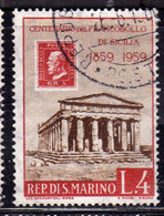 REPUBBLICA DI SAN MARINO 1959 CENTENARIO PRIMI FRANCOBOLLI SICILIA FIRST STAMPS SICILY LIRE 4 USATO USED OBLITERE' - Usati