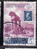 REPUBBLICA DI SAN MARINO 1959 CENTENARIO PRIMI FRANCOBOLLI SICILIA FIRST STAMPS SICILY LIRE 5 USATO USED OBLITERE' - Usati