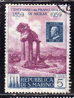 REPUBBLICA DI SAN MARINO 1959 CENTENARIO PRIMI FRANCOBOLLI SICILIA FIRST STAMPS SICILY LIRE 5 USATO USED OBLITERE' - Usati
