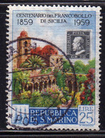 REPUBBLICA DI SAN MARINO 1959 CENTENARIO PRIMI FRANCOBOLLI SICILIA FIRST STAMPS SICILY LIRE 25 USATO USED OBLITERE' - Usati