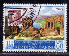 REPUBBLICA DI SAN MARINO 1959 CENTENARIO PRIMI FRANCOBOLLI SICILIA FIRST STAMPS SICILY LIRE 60 USATO USED OBLITERE' - Usati