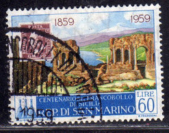 REPUBBLICA DI SAN MARINO 1959 CENTENARIO PRIMI FRANCOBOLLI SICILIA FIRST STAMPS SICILY LIRE 60 USATO USED OBLITERE' - Usati