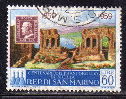 REPUBBLICA DI SAN MARINO 1959 CENTENARIO PRIMI FRANCOBOLLI SICILIA FIRST STAMPS SICILY LIRE 60 USATO USED OBLITERE' - Usati