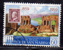 REPUBBLICA DI SAN MARINO 1959 CENTENARIO PRIMI FRANCOBOLLI SICILIA FIRST STAMPS SICILY LIRE 60 USATO USED OBLITERE' - Usati