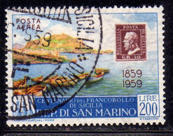 REPUBBLICA DI SAN MARINO 1959 POSTA AEREA AIR MAIL CENTENARIO PRIMI FRANCOBOLLI SICILIA SICILY LIRE 200 USATO USED - Usati