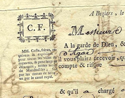 A LA GARDE DE DIEU 1790 BEZIERS LETTRE DE VOITURE TRANSPORT FLUVIAL PAR BARQUE Coste Frères Pour Bousquet à Agde - ... - 1799