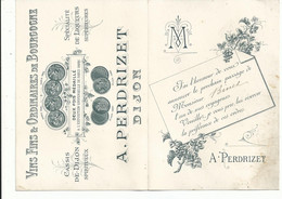 Ancienne Carte De Visite A.PERDRIZET DIJON CASSIS VINS 1892 A VOIR PHOTO - Visitenkarten