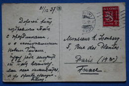 AR12  FINLANDE SUOMI BELLE  CARTE     1937 HELSINSKI   POUR   PARIS  FRANCE+++  + AFFRANCH.  INTERESSANT - Lettres & Documents
