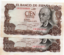 SPAIN 100 PESETAS 1970  P-152a.3  UNC  1W 2553046,7  CONSECUTIVE - 100 Peseten