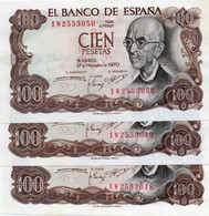 SPAIN 100 PESETAS 1970  P-152a.3  UNC  1W 2553048,9,50  CONSECUTIVE - 100 Pesetas
