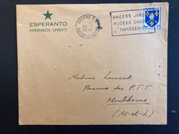 LETTRE TP SAINTONGE 5F OBL.MEC.26-11 1956 ANGERS RP + ESPERANTO INTERNACIO LINGVO + VIGNETTE KONGRESSO MARSEILLE 1957 - Esperanto