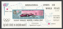 Aden, Qu'aiti State In Hadhramaut, 1967, Monte Carlo Rallye, Car Racing, Auto, Imperforated, MNH, Michel Block 14B - Sonstige & Ohne Zuordnung