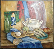 Nature Morte : Couverture, Pot, Bouteille, Photo, Fleurs/ Still Life: Blanket, Pot, Bottle, Photo, Flowers - Olii