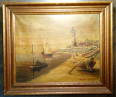 Plage Avec Bateaux Et Phare, Maigra Marcef /Marcel/ Beach With Ships And Lighthouse, Maigra Marcef /Marcel - Huiles