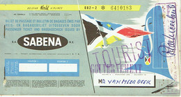 Billet/Ticket Avion. SABENA. Paulis/Stanleyville/Léopoldville/Bruxelles. Cachets : Tourist. Gouvernement. SABENA Paulis. - Mundo