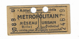 Ticket De Métro Ancien Poinçonné France Paris Métropolitain Billet Individuel 2 Voyages Publicité Lame Rasoir Au Recto - Europa